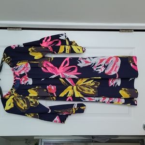 Navy/Pink/Yellow/White Floral Bell Sleeve Dress